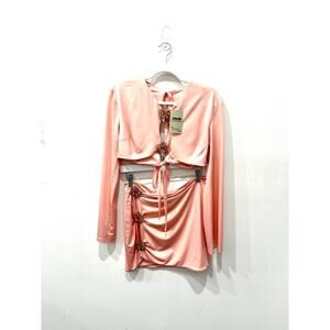 Declara Long Sleeve Blouse & Mini Skirt Set with Flower Accent Coral Women's M